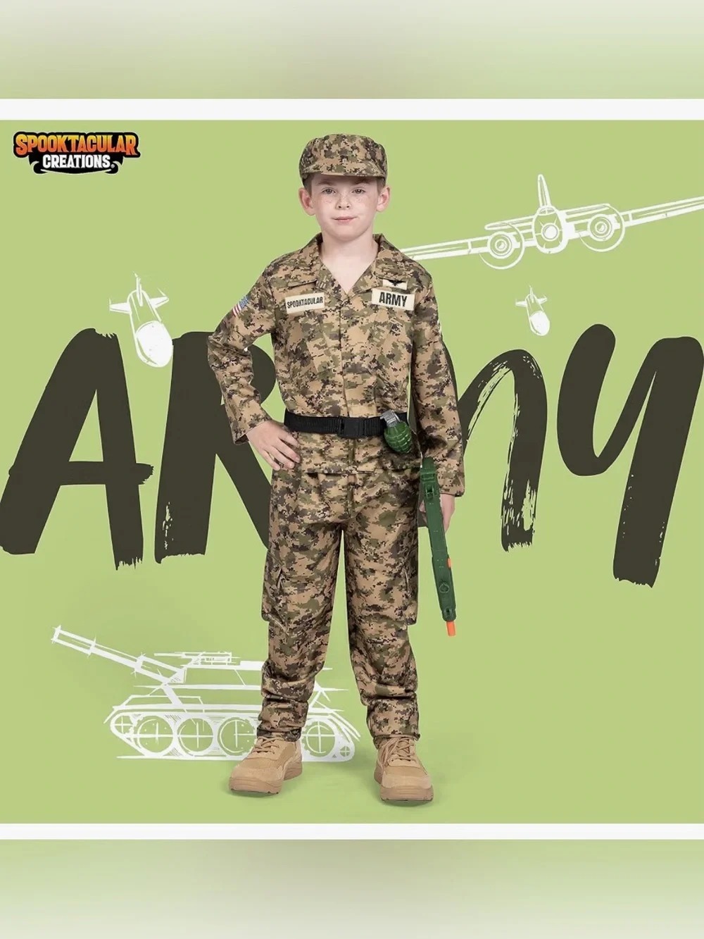 Kids Army Play Costume and Green Toy Accessory Set. Boys Halloween ideas